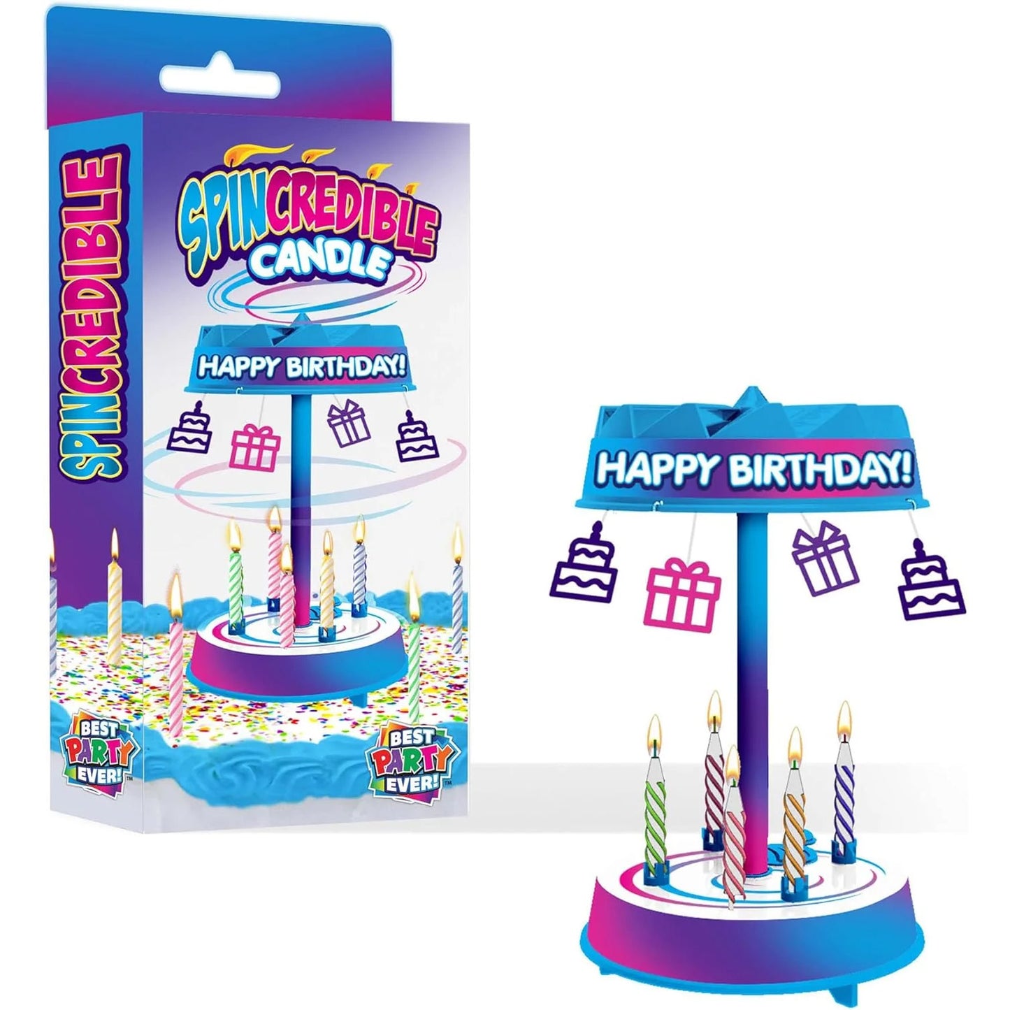 Spincredible spinning birthday candle set with a blue and purple base, “Happy Birthday” topper sign, hanging cake and gift icons, and mini striped candles, shown next to the retail box.