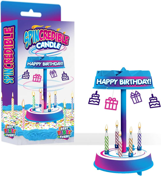 Spincredible Candle in packaging, showing spinning design with mini candles and "Happy Birthday" sign. Spincredible Candle in action, spinning with lit candles and playing music on a birthday cake.