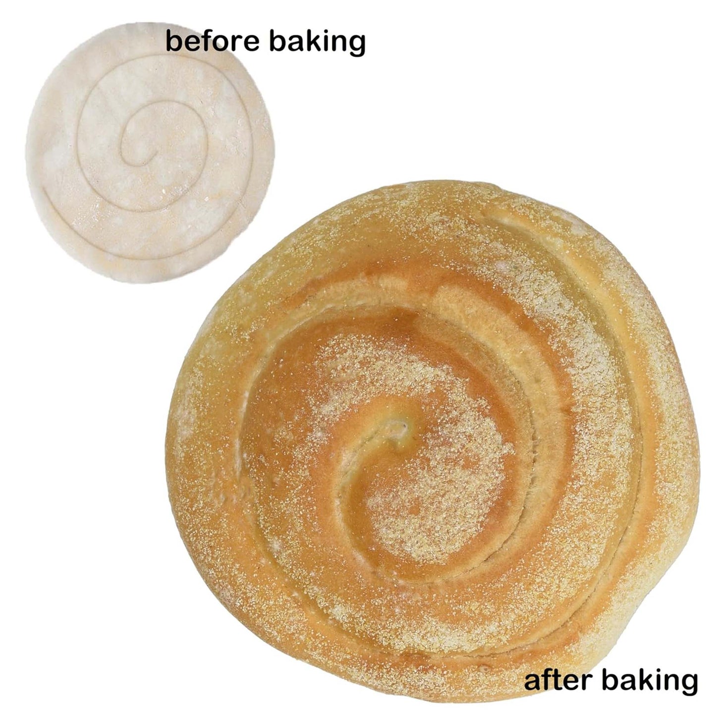 Comparison image of spiral-stamped dough before baking and a golden baked bread round after baking, both showing the same embossed swirl pattern.