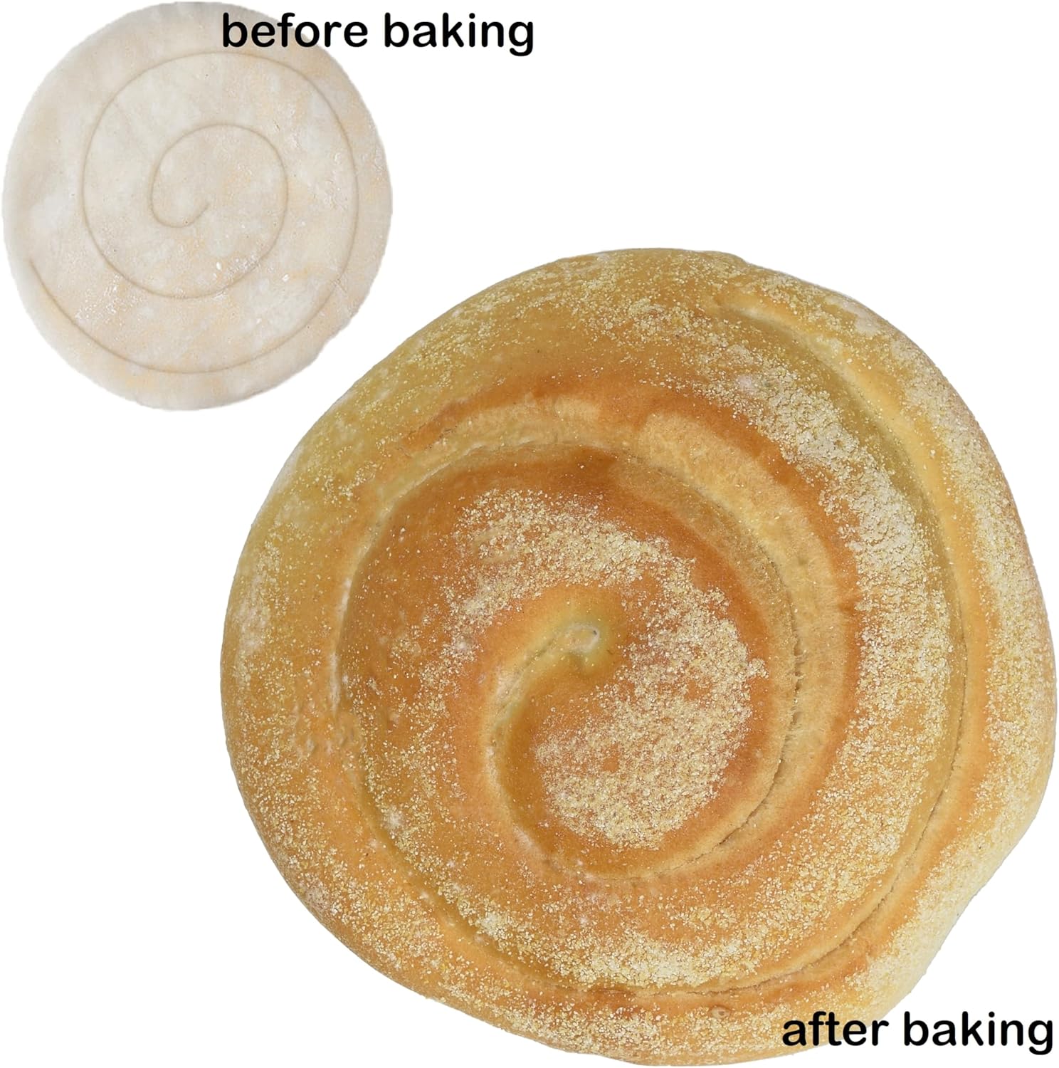 Before and after bread samples using the Ateco stainless steel spiral bread stamp designed for embossing rolls and boules before baking, featuring a sturdy handle and durable construction for professional-quality results.