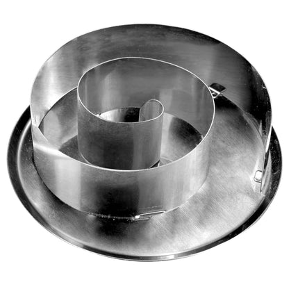 Stainless steel spiral bread stamp with a circular base and raised spiral band, shown from an angled top view on a white background.