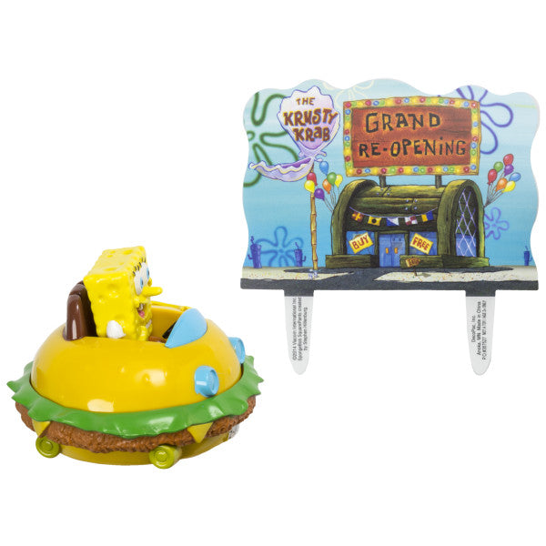 SpongeBob SquarePants™ cake topper set featuring a Krabby Patty car with rolling wheels and a Krusty Krab background piece.