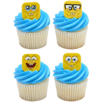 Vanilla cupcakes topped with blue frosting and SpongeBob SquarePants mood face rings for themed parties.