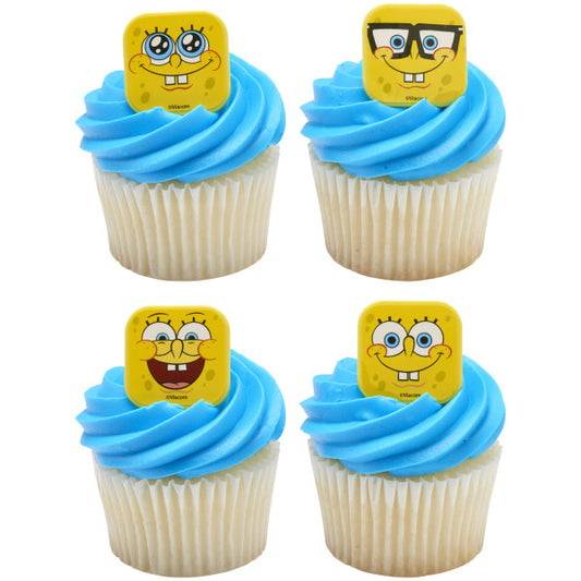 Vanilla cupcakes topped with blue frosting and SpongeBob SquarePants mood face rings for themed parties.