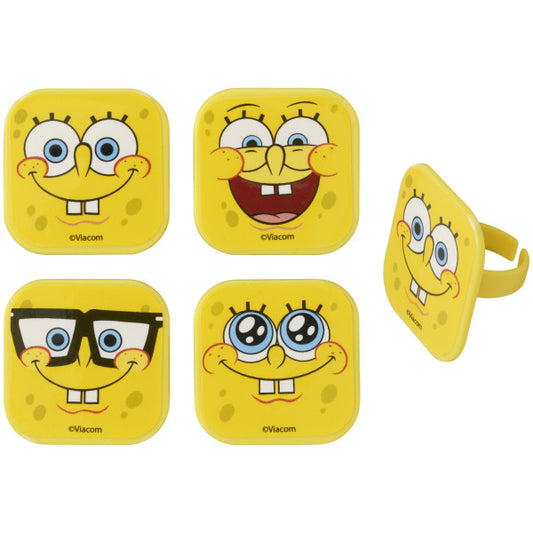 Set of SpongeBob SquarePants cupcake rings featuring four different mood faces with bright yellow designs.