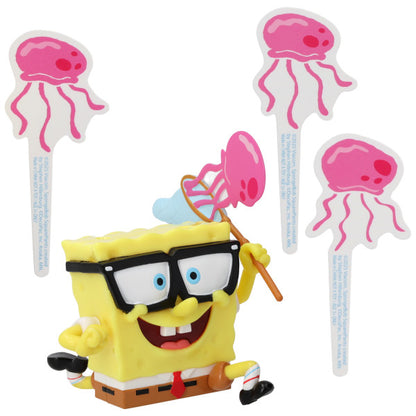SpongeBob SquarePants cake topper figure with black glasses and a red tie on a clear base, surrounded by three pink jellyfish pick toppers on a white background.