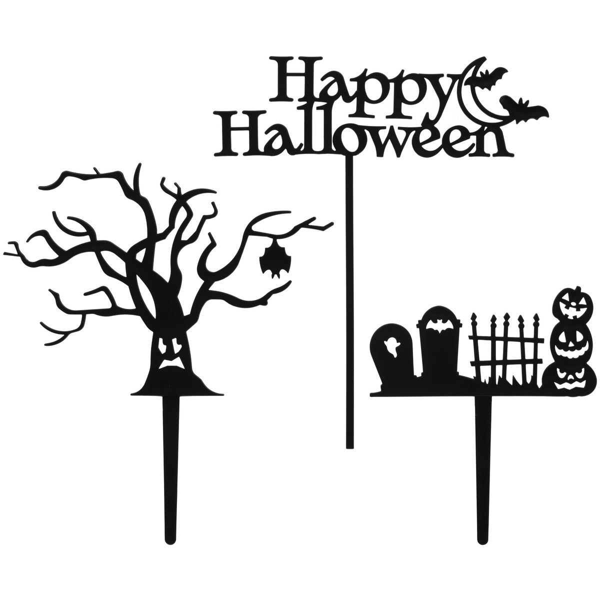 Three-piece black Spooky Tree & Graveyard Halloween Cake Kit featuring a twisted haunted tree with bat, graveyard with pumpkins and fence, and Happy Halloween moon cake pick.