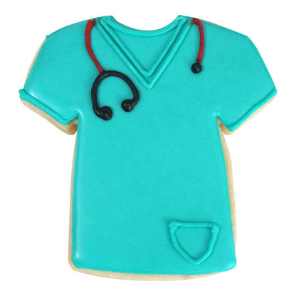 Cookie shaped like medical scrubs with teal icing and a stethoscope design.