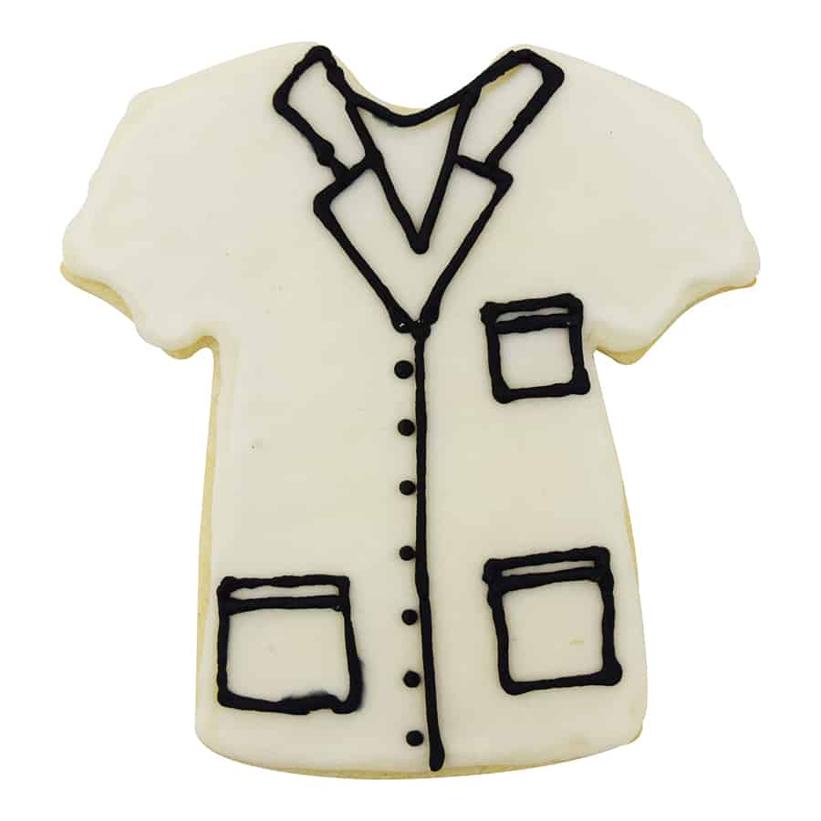 Cookie shaped like a white tux with white icing and black details for pockets and buttons.