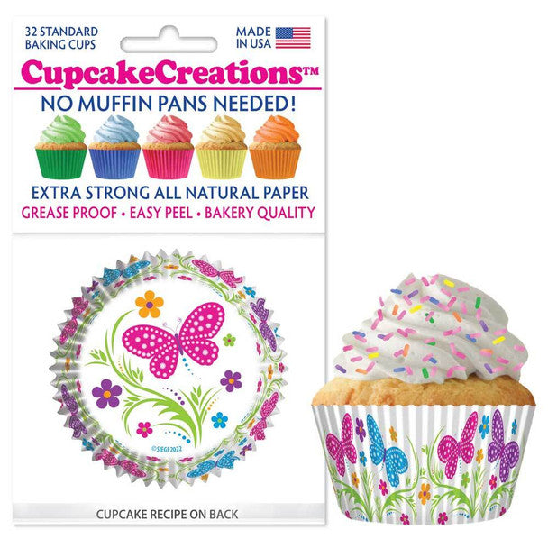 Spring butterfly cupcake baking cups with colorful butterfly and flower design, grease-proof and no muffin pan required