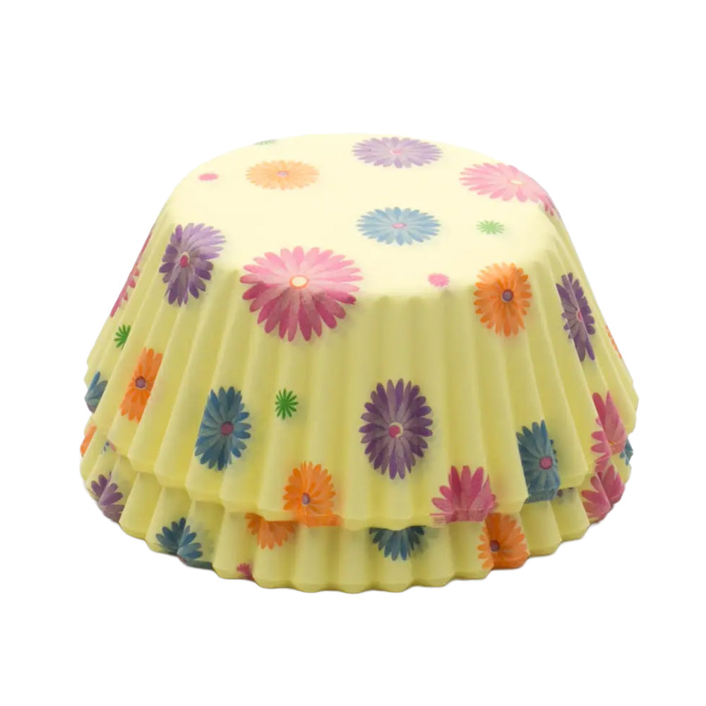 Stack of standard-size yellow baking cups with colorful spring flower design, packaged in a 50-count set.