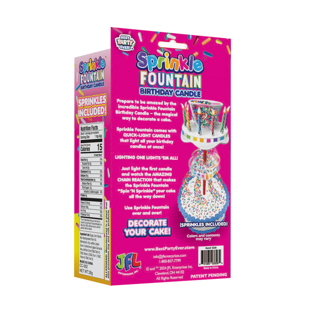 Back of Sprinkle Fountain Birthday Candle box, highlighting features and instructions for use.