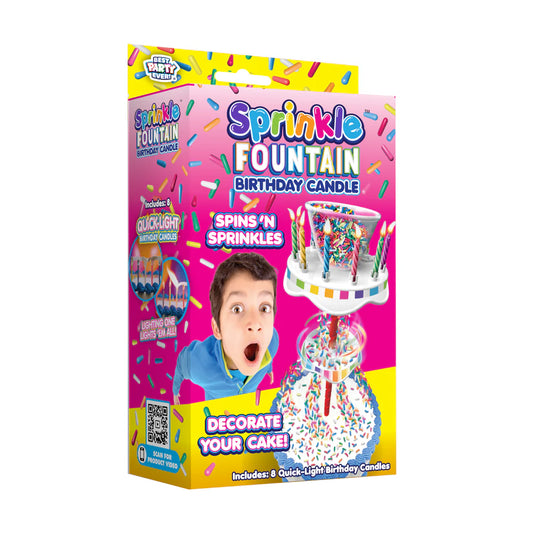 Sprinkle Fountain Birthday Candle packaging, featuring spinning sprinkle waterfall and Quick-Light candles.