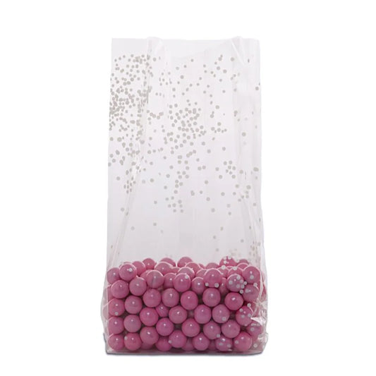 Clear gusseted cello bag with white dot sprinkle pattern, filled with pink candy balls, ideal for party favors, bakery packaging, or retail display.