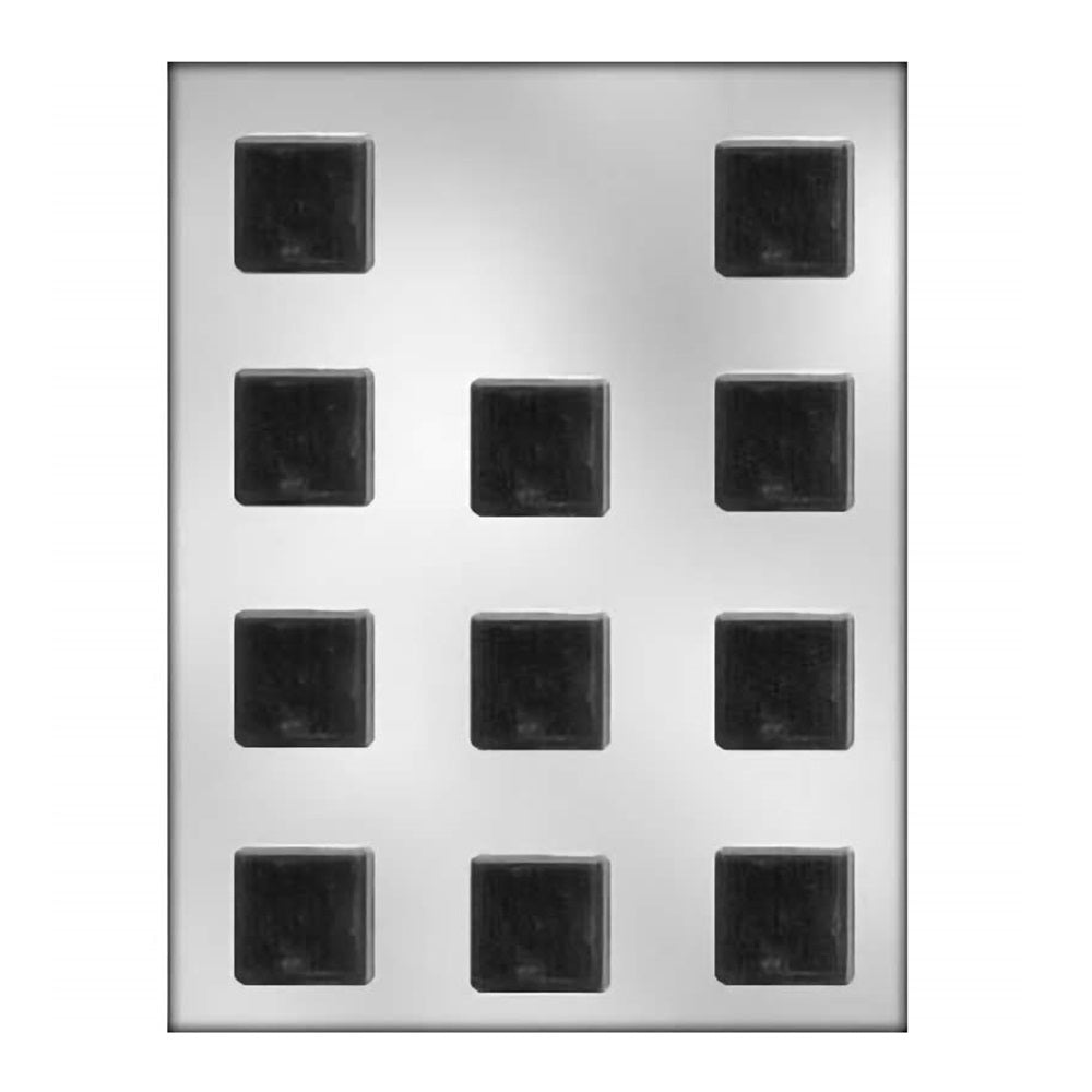 Chocolate mold with multiple square cavities, each with a simple, clean design, ideal for making classic square mints or chocolates.
