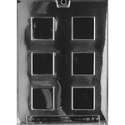 Clear plastic chocolate mold featuring six square cavities, arranged in two columns and three rows. Each cavity is designed to create perfectly square chocolates with smooth, flat surfaces. The mold is shown against a black background to highlight its shape and design. Ideal for crafting uniform square chocolates for various occasions.