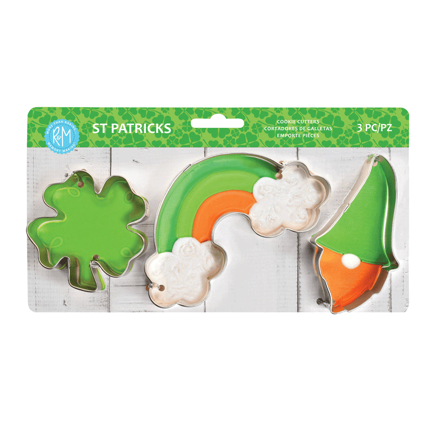 St. Patrick’s Day Cookie Cutter Set in packaging, featuring a clover, rainbow, and gnome-shaped cutter.