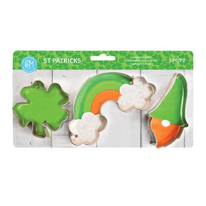 St. Patrick’s Day Cookie Cutter Set in packaging, featuring a clover, rainbow, and gnome-shaped cutter.