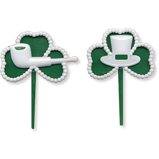 Assorted St. Patrick's Day themed cupcake picks, including designs like green shamrocks and classic leprechaun hats, perfect for dressing up cupcakes, appetizers, or as fun accessories in a variety of sweet treats.