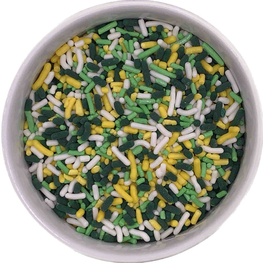 St. Patrick's Day themed jimmies blend with green, white, and yellow sprinkles for festive dessert toppings.