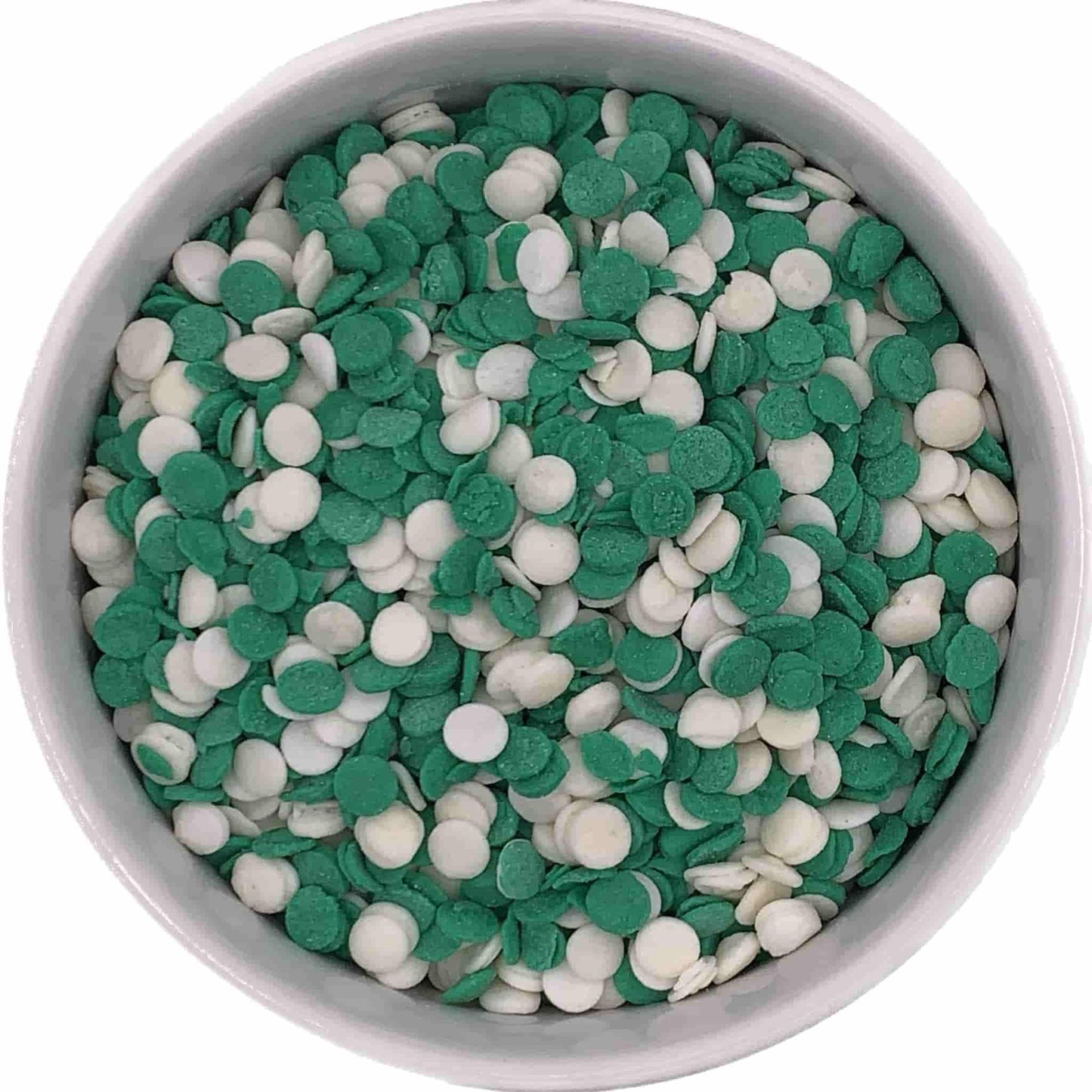 Festive St. Patrick's Day sequin sprinkle mix with green and white circular shapes for decorating holiday treats.