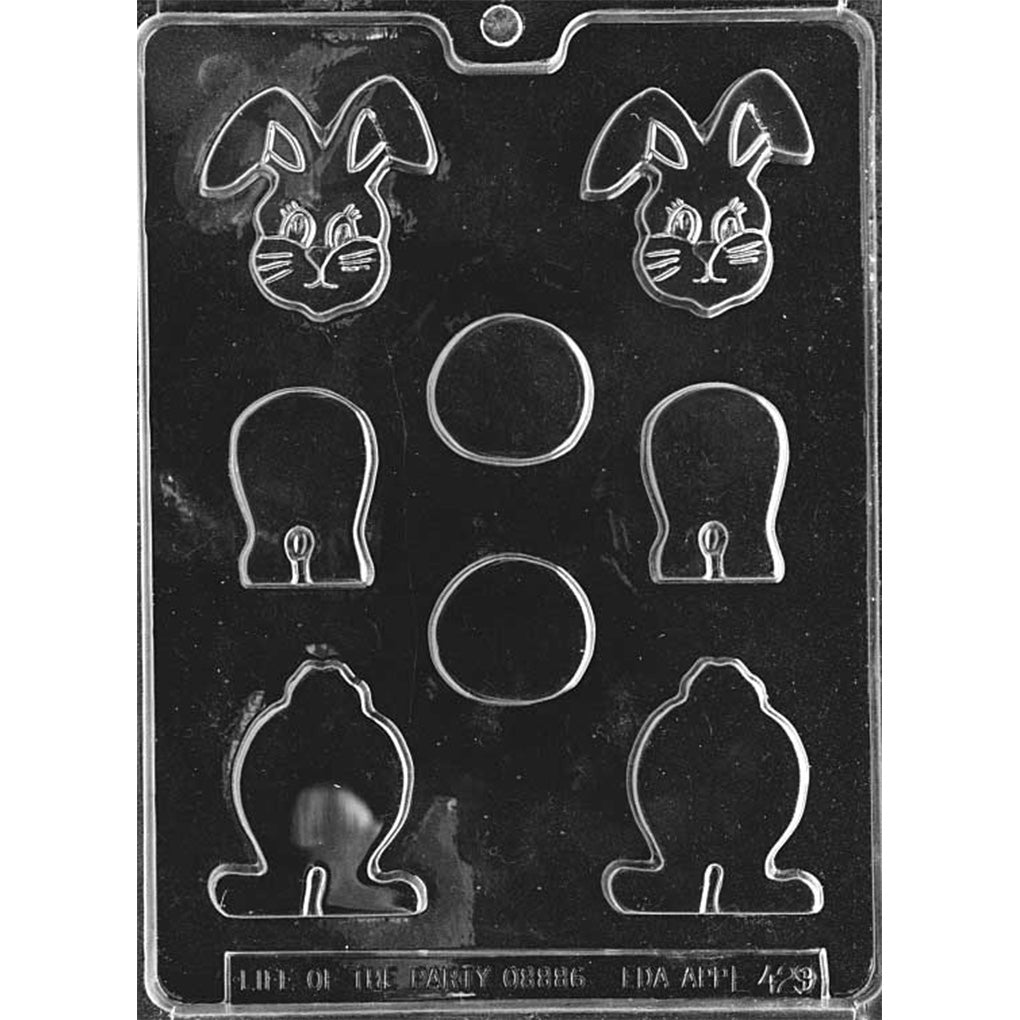 Eight-cavity Stack Bunny chocolate mold with two sets of floppy-eared heads, upper bodies, round middles, and footed bases for two assembled 3-inch bunnies.