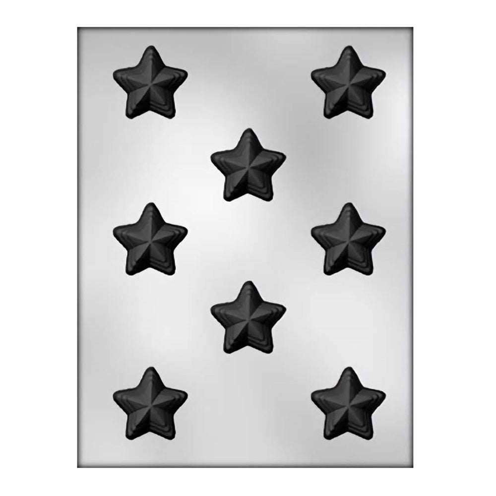 A chocolate mold featuring six cavities, each shaped like a multi-layered star with sharp angles and a pronounced three-dimensional effect, perfect for creating standout chocolate pieces for themed parties or as decorative toppers.