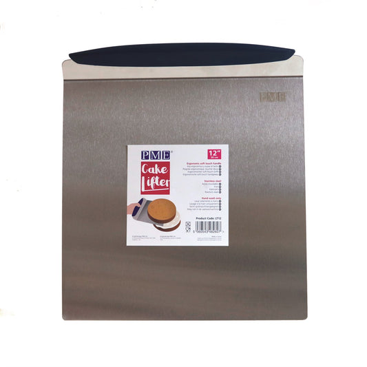 PME Stainless Steel Cake Lifter with ergonomic soft-touch handle, 12" wide for transferring cakes and baked goods.
