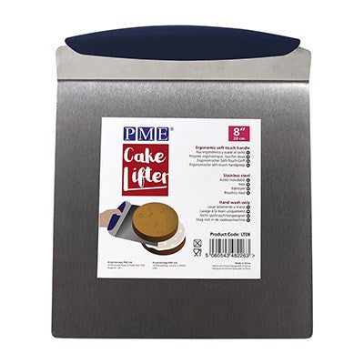 PME Stainless Steel Cake Lifter with ergonomic soft-touch handle, 8" wide for transferring cakes and baked goods