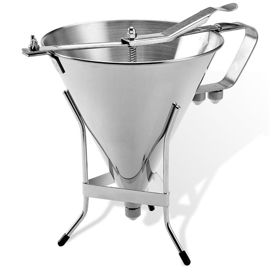 Stainless steel confectionery dispenser funnel with a trigger handle and spring mechanism, shown on a three-legged stand with rubberized feet and interchangeable nozzle tip.