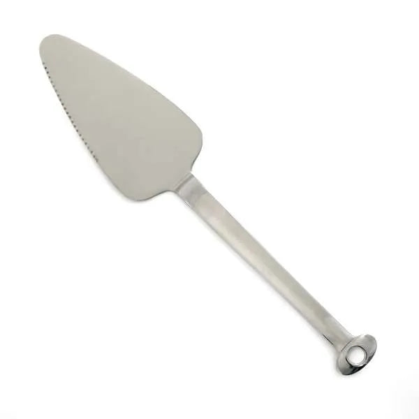 Close-up of a stainless steel mini pie server with a serrated edge, perfect for slicing and serving baked goods.