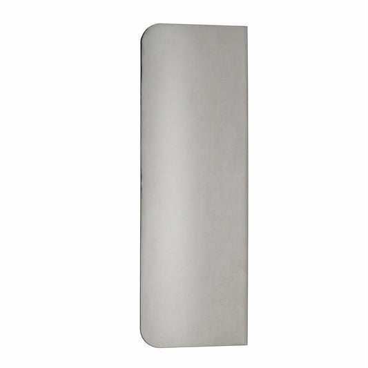 Stainless steel side scraper with one rounded and one squared edge, measuring 10 by 3.5 inches, ideal for smoothing cake sides and icing.