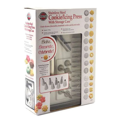 Retail packaging for Norpro stainless steel cookie and icing press set, showing included tips, discs, and sample cookie shapes.