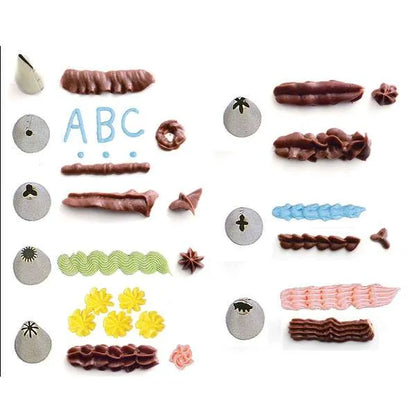 Icing tip guide showing various piped shapes and matching tips included in the kit.