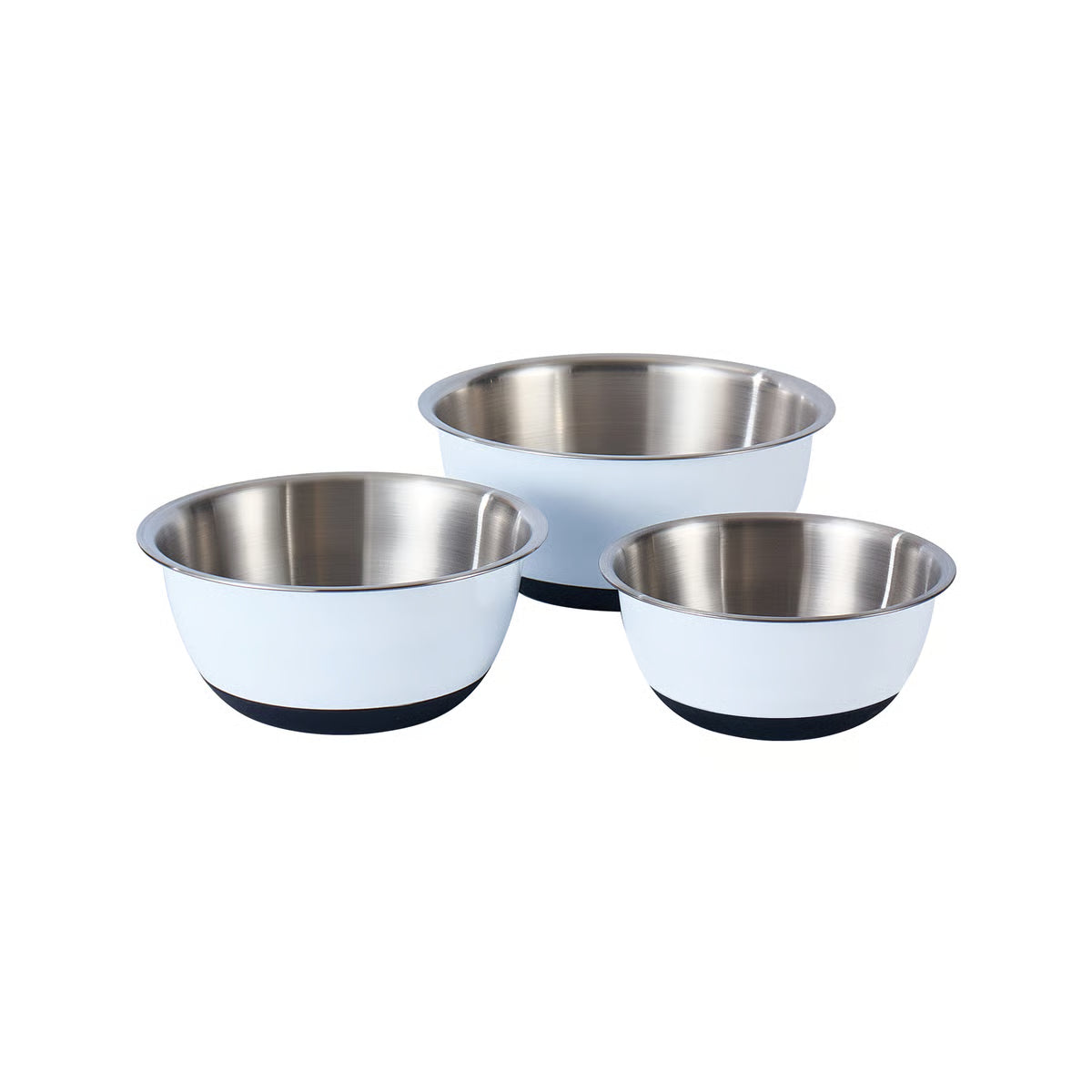 Three stainless steel bowls with white exterior and black interior on a white background