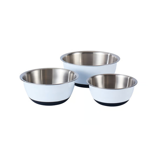 Three stainless steel bowls with white exterior and black interior on a white background