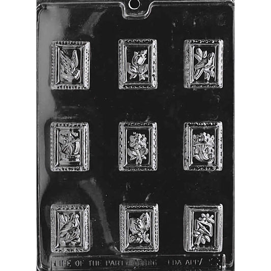 Stamp Shaped chocolate mold with 9 cavities, each shaped like a detailed stamp with various designs, made from food-grade plastic.