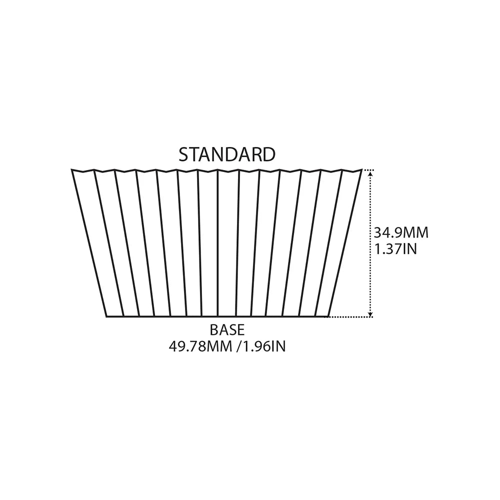 Diagram of standard cupcake baking cup with measurements showing 1.96-inch base diameter and 1.37-inch height.
