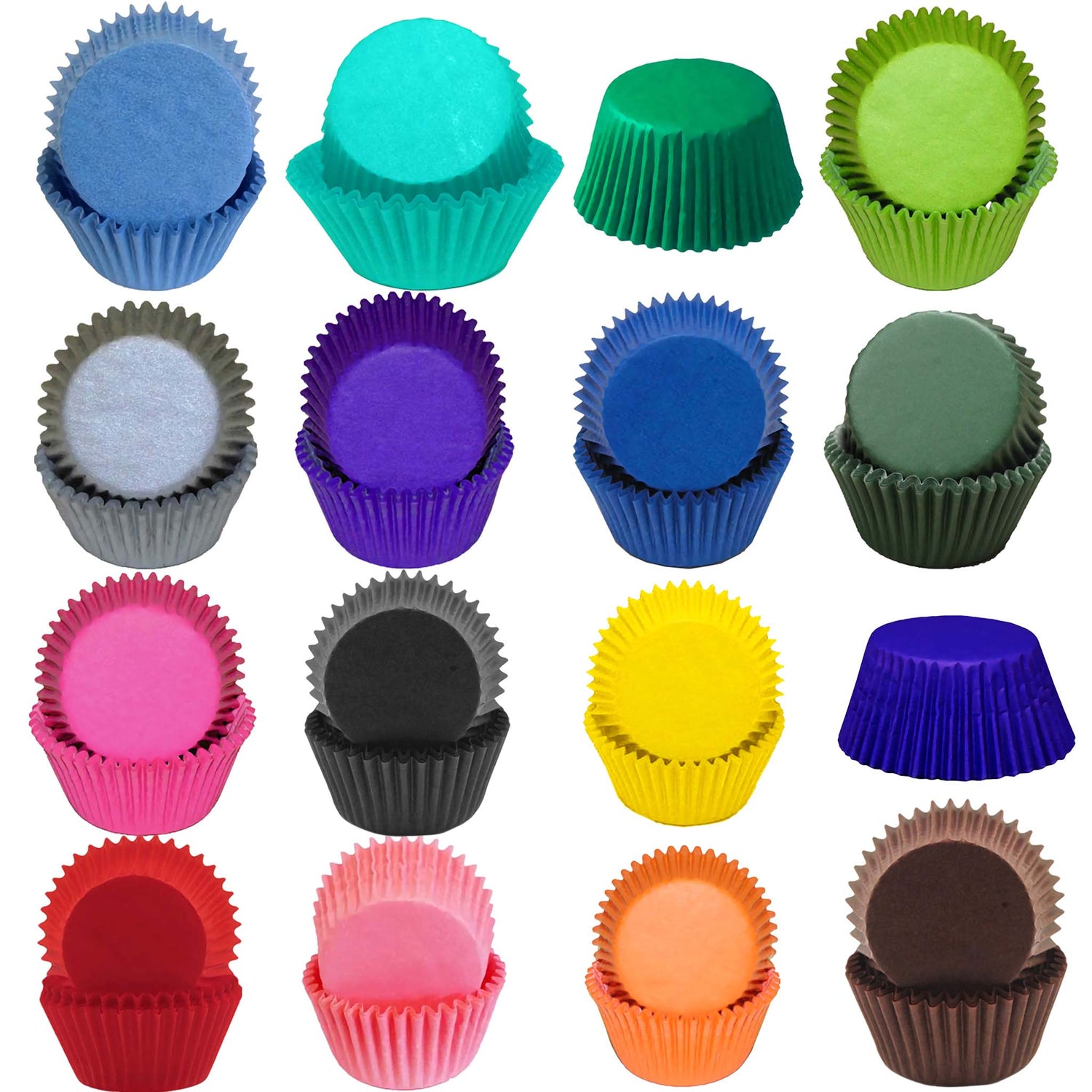 A collection of standard greaseproof glassine baking cups in various vivid colors including black, blue, brown, burgundy, dark green, green, hot pink, indigo blue, light blue, light pink, lime green, orange, orchid, purple, red, silver, teal, and yellow. The baking cups are shown in rows, displaying their vibrant hues and standard size of 1 1/4" sidewall by 2" diameter base.