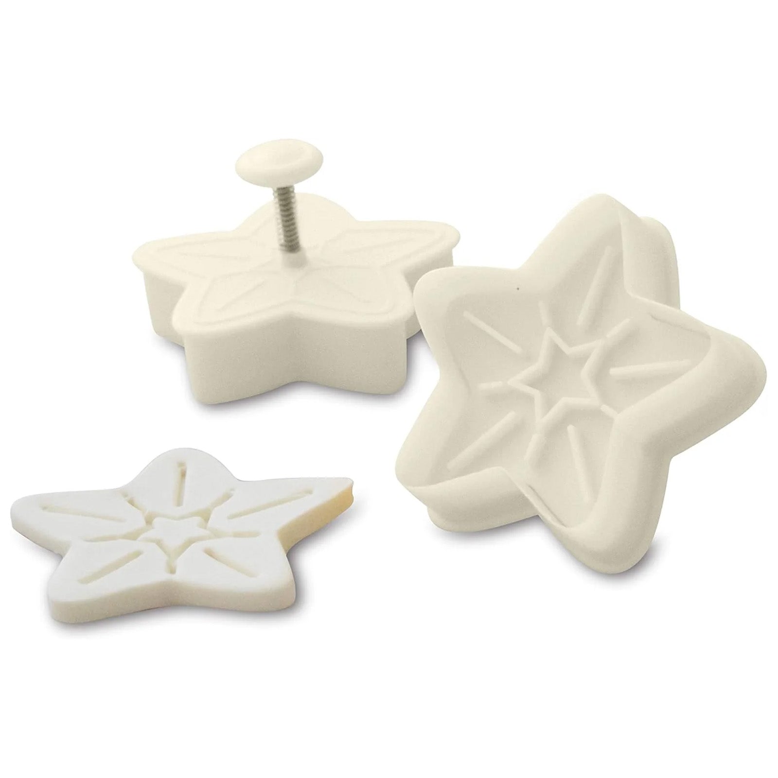 White 2-inch star plunger cutter shown in three views, including the star-shaped cutting edge, the plunger top with a small button, and an embossed star-shaped stamp impression.