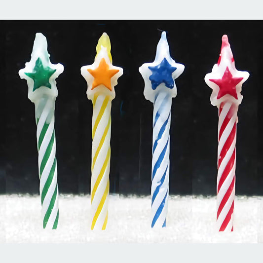 3-inch striped birthday candles with star-shaped toppers, perfect for festive celebrations.