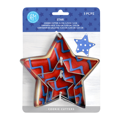 Star cookie cutter set in packaging, featuring three nested metal cutters with a patriotic red, white, and blue design.