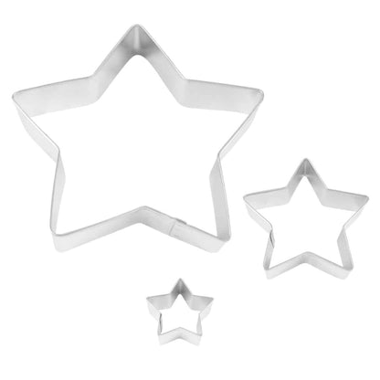 Three silver star-shaped cookie cutters in different sizes displayed on a white background.