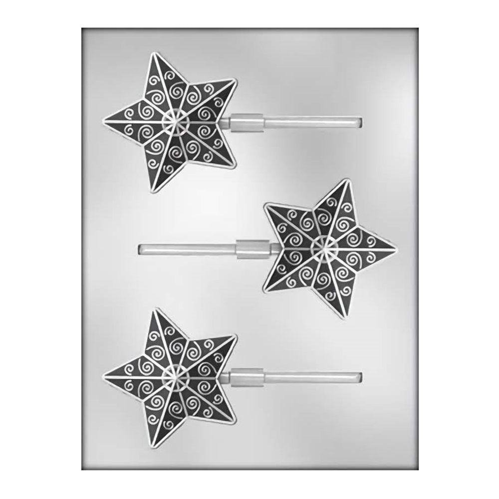 Elegant star-shaped sucker mold with intricate swirl patterns, perfect for making decorative lollipop treats for celebrations or as dessert toppers.