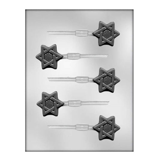 Chocolate sucker mold sheet with Star of David designs, perfect for Hanukkah celebrations, Jewish festivals, and religious events.