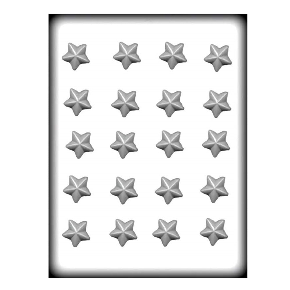 A hard candy mold with star shapes. There are 20 five pointed star shapes per mold. 