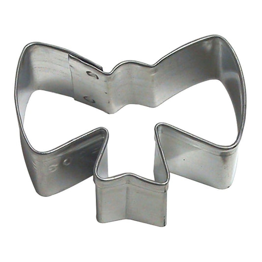 Silver bow-shaped cookie cutter, 2 inches wide and 1.5 inches tall, with a 7/8-inch depth, made from sturdy tin.