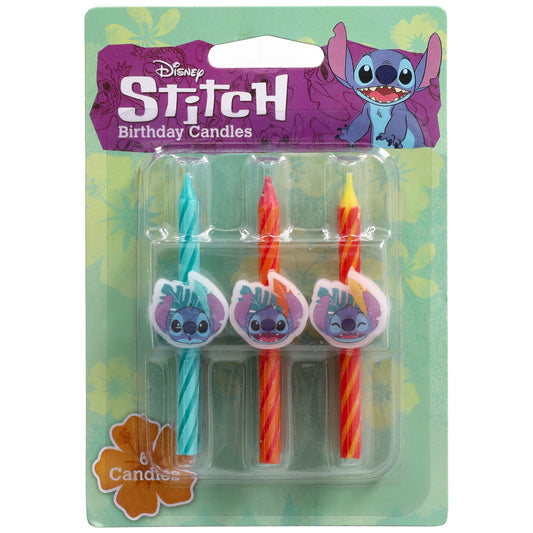 Disney Stitch Birthday Candles retail package containing six striped candles in turquoise, orange, red, and yellow with three different Stitch face designs.