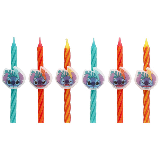 Six Stitch birthday candles arranged in a row, featuring three different Stitch expressions with turquoise, orange, red, and yellow striped candle designs.