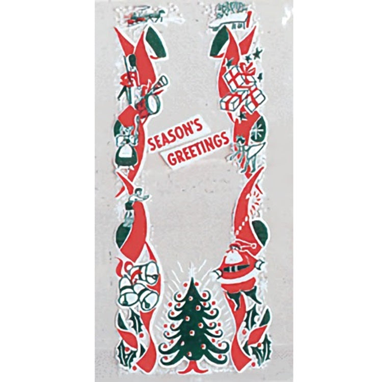 A stollen bread bag with a classic Christmas design, featuring 'Season's Greetings' in bold lettering. The sides of the bag are adorned with vibrant red and green Christmas stockings, gifts, and candy canes, and a beautifully detailed green Christmas tree at the center. The background has a snowy effect, adding to the festive look of the bag.